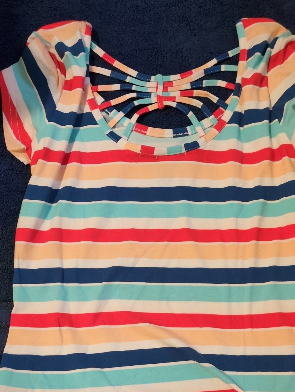 Derek Heart Women’s Multi-Stripe Short Sleeve Top with Ladder Back M